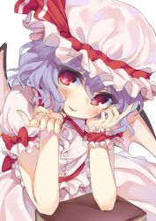 Rule 34 | 1girl, bad id, bad pixiv id, bat wings, blue hair, book, bow, buttons, dress shirt, eyebrows, fang, frilled hat, frilled sleeves, frills, from above, hair between eyes, hat, hat ribbon, head tilt, mirei, mob cap, parted lips, pink hat, pink shirt, pink skirt, puffy short sleeves, puffy sleeves, red bow, red eyes, red ribbon, remilia scarlet, ribbon, sash, shirt, short hair, short sleeves, simple background, skirt, skirt set, smile, solo, touhou, white background, wings, wrist cuffs
