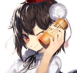 Rule 34 | 1girl, ;), arm up, bad id, bad twitter id, beer can, black ribbon, blush, breasts, brown hair, can, closed mouth, drink can, eyebrows, hat, holding, holding can, looking at viewer, medium breasts, neck ribbon, one eye closed, pom pom (clothes), portrait, red eyes, ribbon, shameimaru aya, shirt, simple background, smile, solo, suminagashi, tokin hat, touhou, upper body, white background