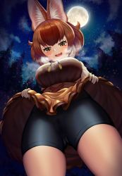 Rule 34 | 1girl, absurdres, animal ear fluff, animal ears, bike shorts, blush, breasts, breath, brown hair, cameltoe, clothes lift, commission, cowboy shot, dhole (kemono friends), dog ears, dress, dress lift, fisheye, from below, full moon, furrowed brow, gloves, highres, kemono friends, kemono friends 3, large breasts, lifted by self, looking at viewer, looking down, medium hair, moon, multicolored hair, naughty face, neukkom, night, night sky, official alternate costume, open mouth, outdoors, skin tight, sky, smile, solo, star (sky), starry sky, wavy mouth, wet, wet clothes, white hair, yellow eyes