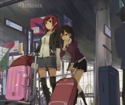 Rule 34 | 10s, 2girls, bag, black hair, black skirt, black socks, blue skirt, brown eyes, brown hair, buttons, cardigan, collared shirt, eating, food, from below, highres, holding, holding food, huanxiang heitu, indoors, jacket, jewelry, kneehighs, layered sleeves, leaning forward, long sleeves, looking away, love live!, love live! school idol project, luggage, md5 mismatch, multiple girls, necklace, nishikino maki, open cardigan, open clothes, open jacket, pendant, pleated skirt, purple eyes, red hair, rolling suitcase, shirt, shopping bag, short over long sleeves, short sleeves, sign, skirt, socks, standing, sticker, suitcase, swept bangs, thighhighs, train station, trolley, twintails, yazawa nico, zettai ryouiki