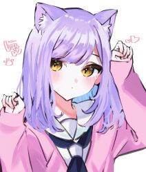 1girl absurdres animal_ear_fluff animal_ears black_neckerchief blunt_bangs blush cardigan cat_ears colored_inner_hair heart herz_25 highres long_sleeves looking_to_the_side medium_hair multicolored_hair neckerchief paw_pose paw_print pink_cardigan pink_nails purple_hair sailor_collar shinomiya_runa sleeves_past_wrists solo upper_body virtual_youtuber vspo! white_background white_sailor_collar yellow_eyes