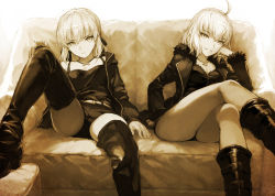 Rule 34 | &gt;:(, 2girls, ahoge, arm at side, artoria pendragon (all), artoria pendragon (fate), belt, boots, breasts, camisole, cleavage, closed mouth, collarbone, couch, cross, cross necklace, fate/grand order, fate (series), fur-trimmed sleeves, fur trim, hair ribbon, hand in pocket, hand on own cheek, hand on own face, hand on own knee, jacket, jeanne d&#039;arc (fate), jeanne d&#039;arc alter (fate), jeanne d&#039;arc alter (ver. shinjuku 1999) (fate), jewelry, knee boots, knee up, long sleeves, looking at viewer, medium breasts, medium hair, monochrome, morisawa haruyuki, multiple girls, necklace, official alternate costume, on couch, open clothes, open jacket, parted lips, reclining, ribbon, saber alter, saber alter (ver. shinjuku 1999) (fate), sepia, serious, short shorts, shorts, small breasts, thigh boots, thighhighs