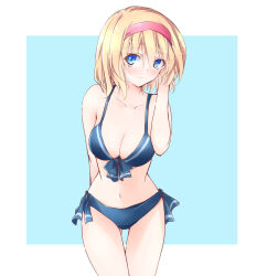 Rule 34 | 1girl, alice margatroid, alternate costume, bikini, blonde hair, blue bikini, blue eyes, blush, breasts, cleavage, closed mouth, commentary request, hairband, highres, ichimura kanata, large breasts, looking at viewer, medium hair, midriff, red hairband, solo, swimsuit, thighs, touhou