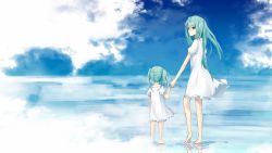 Rule 34 | 2girls, bad id, bad pixiv id, barefoot, blue eyes, child, dress, green hair, holding hands, hatsune miku, long hair, looking at viewer, multiple girls, pine (yellowpine112), vocaloid, white dress