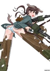 1girl animal_ears ass blush brown_eyes brown_hair butt_crack crotch dog_ears dog_tail flying gertrud_barkhorn gun highres long_hair looking_at_viewer military_uniform open_mouth panties rifle solo strike_witches striker_unit tail twintails underwear unuse weapon white_panties world_witches_series