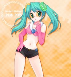 Rule 34 | 1girl, aoya (hoshixii), aqua hair, bad id, bad pixiv id, elbow gloves, glasses, gloves, green eyes, hatsune miku, navel, project diva (series), project diva 2nd, short shorts, shorts, solo, twintails, vocaloid
