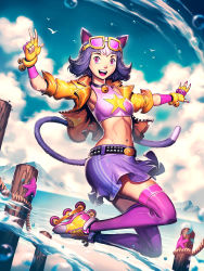 Rule 34 | 1girl, animal ears, beach, bell, neck bell, belt, bird, cat ears, cat tail, collar, cropped jacket, fingerless gloves, genzoman, gloves, goggles, goggles on head, jumping, midair, mountain, nail polish, navel, open mouth, original, purple eyes, purple hair, roller skates, short hair, skates, skirt, smile, solo, star (symbol), starfish, stomach, studded belt, tail, thighhighs, water