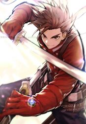 Rule 34 | 1boy, brown eyes, brown hair, closed mouth, dated, dual wielding, gloves, holding, holding sword, holding weapon, lloyd irving, looking at viewer, male focus, pants, red gloves, shin (sinsin12121), simple background, solo, sparkle, spiked hair, sword, tales of (series), tales of symphonia, twitter username, watermark, weapon