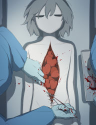 Rule 34 | 1boy, 2others, absurdres, autopsy, avogado6, blood, blood on hands, blood splatter, blue gloves, blue headwear, commentary request, closed eyes, gloves, grey hair, guro, heart, highres, holding, holding tray, lying, morgue, multiple others, on back, organs, original, solo focus, stitches, surgeon, surgery, tray
