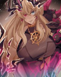 Rule 34 | 1girl, aomattya, armor, bare shoulders, black dress, blonde hair, blue eyes, breasts, brown pantyhose, chain, dress, barghest (fate), fate/grand order, fate (series), gauntlets, heterochromia, highres, horns, large breasts, long hair, looking at viewer, necktie, pantyhose, pauldrons, pelvic curtain, red eyes, shoulder armor, sideboob, single gauntlet, single pauldron, smile, solo, thighs