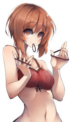 Rule 34 | 1girl, absurdres, bra, breasts, brown eyes, brown hair, closed mouth, commentary, frilled bra, frills, girls und panzer, hair tie, highres, holding hair tie, light blush, looking at viewer, medium breasts, navel, nishizumi miho, red bra, sattinittas, short hair, simple background, smile, solo, standing, textless version, underwear, underwear only, upper body, white background