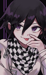 Rule 34 | 1boy, chain, checkered clothes, checkered scarf, closed mouth, colored eyelashes, danganronpa (series), danganronpa v3: killing harmony, hair between eyes, hand on own face, highres, light smile, looking at viewer, male focus, mm ii rk, naughty face, oma kokichi, purple eyes, purple hair, scarf, short hair, simple background, solo, straitjacket, tongue, tongue out, upper body, wavy hair
