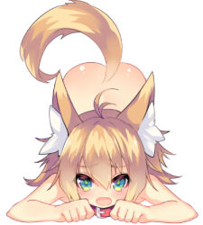 Rule 34 | 1girl, all fours, animal ear fluff, animal ears, antenna hair, ao jun, ass, blonde hair, blue eyes, blush, character request, collar, commentary, copyright request, fox ears, fox tail, hair between eyes, looking at viewer, lowres, medium hair, no nose, nude, on ground, open mouth, prostration, red collar, red neckwear, simple background, solo, tail, top-down bottom-up, white background