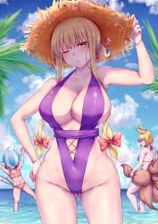 Rule 34 | 3girls, animal ears, ball, beach, beachball, bikini, blonde hair, blue sky, breasts, brown headwear, cat tail, chen, cleavage, closed mouth, cloud, commentary, cross-laced clothes, fox ears, fox girl, fox tail, gluteal fold, groin, hand on headwear, hat, highres, horizon, kitsune, large breasts, looking at viewer, mirufui, multiple girls, multiple tails, ocean, one-piece swimsuit, one eye closed, outdoors, palm tree, purple one-piece swimsuit, red bikini, short hair, sidelocks, sky, solo focus, straw hat, swimsuit, tail, touhou, tree, two tails, wading, wet, yakumo ran, yakumo yukari, yellow eyes