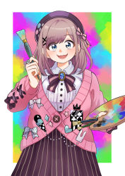 Rule 34 | 1girl, :3, absurdres, aqua nails, blue eyes, blush, bow, brown hair, hair bow, hair ornament, hairclip, highres, holding, holding paintbrush, holding palette, lips, looking at viewer, medium hair, nail polish, nakachiruno, nijisanji, open mouth, paintbrush, palette (object), pink bow, smile, solo, suzuhara lulu, suzuhara lulu (1st costume), teeth, upper teeth only, virtual youtuber, x hair ornament