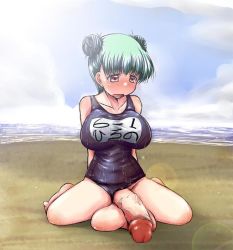 Rule 34 | 1futa, beach, blush, breasts, censored, futanari, green hair, huge breasts, huge penis, huge testicles, misana, one-piece swimsuit, open mouth, outdoors, penis, red eyes, school swimsuit, sky, solo, swimsuit, testicles, wet