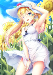Rule 34 | 1girl, :d, aqua eyes, blonde hair, blue sky, bow, bracelet, breasts, cloud, day, dress, fang, flower, hair blowing, hair ribbon, hat, hat ornament, highres, hiro (hirohiro31), holding head, jewelry, legs, light rays, long hair, moe2020, one eye closed, open mouth, original, outdoors, ribbon, sky, small breasts, smile, solo, standing, sun hat, sunflower, white dress, wind, wind lift