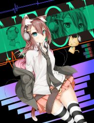 Rule 34 | 1girl, abstract background, absurdres, animal ears, ayase tamaki, belt, blue eyes, borrowed character, brown hair, cat, cat ears, cat tail, chibi, dress shirt, green eyes, hair ornament, hairclip, headphones, highres, jacket, long sleeves, necktie, off shoulder, original, parted lips, shirt, short hair, skirt, striped clothes, striped thighhighs, tail, thigh gap, thighhighs, thighs, yonari phone neon, zettai ryouiki, zoom layer