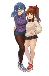 Rule 34 | 2girls, absurdres, black legwear, black skirt, blue-framed eyewear, blue footwear, blue sweater, blush, breast lift, breasts, brown eyes, brown hair, closed mouth, commission, commissioner upload, cross, cross necklace, crossed arms, denim, denim shorts, flat chest, full body, glasses, hair between eyes, hair ribbon, hand on another&#039;s hip, hand on own hip, headphones, headphones around neck, highres, hood, hood down, hoodie, jewelry, large breasts, long hair, long sleeves, looking at viewer, messy hair, miniskirt, multicolored footwear, multiple girls, necklace, one eye closed, open mouth, original, pantyhose, pleated skirt, ponytail, red footwear, red ribbon, ribbed sweater, ribbon, round eyewear, shoes, short hair, shorts, simple background, skirt, smile, sneakers, sookmo, sweater, tongue, tongue out, turtleneck, turtleneck sweater, wavy hair, white background, white footwear, white hoodie