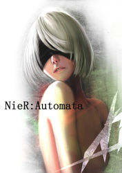 Rule 34 | 1girl, absurdres, black hairband, blindfold, breasts, collarbone, copyright name, covered eyes, hair over eyes, hair over one eye, hairband, highres, kuroshii, mole, mole under mouth, nier (series), nier:automata, nose, nude, parted lips, pink lips, portrait, short hair, silver hair, small breasts, solo, upper body, 2b (nier:automata)