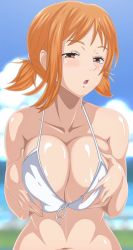 Rule 34 | bikini, bikini top only, breasts squeezed together, breasts, cleavage, highres, nami (one piece), one piece, orange hair, swimsuit, tagme