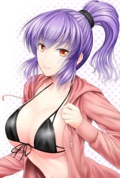 Rule 34 | 1girl, alternate hairstyle, bikini, black bikini, blouse, breasts, cleavage, collarbone, contemporary, female focus, front-tie top, large breasts, looking at viewer, navel, open clothes, open shirt, ponytail, purple hair, red eyes, scrunchie, shiny skin, shirt, smile, solo, swimsuit, touhou, upper body, y2, yasaka kanako