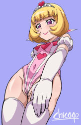 Rule 34 | 1girl, artist name, bare shoulders, blonde hair, blush, bob cut, chicago-x, cleft of venus, closed mouth, covered navel, cowboy shot, crown, digimon, digimon universe: appli monsters, elbow gloves, eyebrows, from below, gloves, heart, highleg, highleg leotard, highres, kashiki ai, leotard, lipstick, looking down, makeup, partially visible vulva, purple background, shiny skin, short hair, simple background, smile, solo, standing, thighhighs, tiara, wedgie, white gloves, white thighhighs