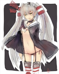 Rule 34 | 10s, 1girl, amatsukaze (kancolle), black panties, brown eyes, highres, kantai collection, long hair, open clothes, panties, riftgarret, silver hair, solo, suspenders, thighhighs, twintails, two side up, underwear, very long hair