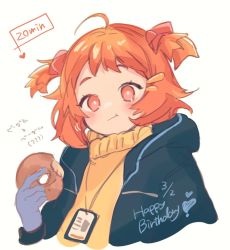 Rule 34 | 1girl, :t, ahoge, arknights, bagel, beagle (arknights), black jacket, blue gloves, blush, completion time, eating, food, gloves, hair ornament, hairclip, hand up, happy birthday, heart, holding, holding food, id card, jacket, looking at viewer, mmm ma pmpm, no eyewear, one-hour drawing challenge, open clothes, open jacket, orange eyes, orange hair, orange sweater, short hair, simple background, solo, sweater, turtleneck, turtleneck sweater, twintails, upper body, white background