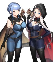 Rule 34 | 2girls, absurdres, ahoge, black cape, black footwear, black gloves, blue bodysuit, blue eyes, blue hair, bodysuit, boots, braid, breasts, cape, capelet, cleavage, commission, commissioner upload, crystal earrings, dhokidoki, earrings, eye mask, fire emblem, fire emblem: three houses, fire emblem fates, fire emblem heroes, gloves, grey eyes, highres, hood, hood up, hooded cape, jewelry, large breasts, leather, long hair, low twin braids, marianne von edmund, medium breasts, multiple girls, nina (fire emblem), nintendo, non-web source, o-ring, official alternate costume, parted bangs, red capelet, skin tight, thigh boots, transparent background, turtleneck, twin braids, two-tone bodysuit, two-tone cape, white hair, yellow cape