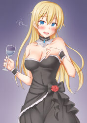 Rule 34 | 1girl, anti (untea9), bismarck (kancolle), black bow, black dress, blonde hair, blue eyes, bow, breasts, cleavage, commentary request, cup, detached collar, dress, drinking glass, drunk, evening gown, flower, gradient background, grey background, highres, kantai collection, long hair, looking at viewer, medium breasts, red flower, red rose, rose, solo, standing, wine glass, wrist cuffs