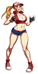 Rule 34 | 1girl, absurdres, bare legs, bare shoulders, black gloves, blonde hair, blue eyes, blue shorts, boots, bracelet, breasts, bright pupils, crop top, cross-laced footwear, cutoffs, denim, denim shorts, fatal fury, fingerless gloves, full body, genderswap, genderswap (mtf), gloves, hands up, high tops, highres, jewelry, large breasts, legs, long hair, micro shorts, midriff, narrow waist, official art, ogura eisuke, open clothes, open fly, open mouth, open shorts, pigeon-toed, ponytail, red footwear, shirt, shoes, short shorts, shorts, sneakers, snk heroines: tag team frenzy, solo, standing, taut clothes, taut shirt, terry bogard, toned, underwear, vest, white background, white pupils