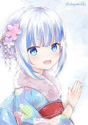 Rule 34 | 1girl, :d, blue eyes, blue hair, blue kimono, blue nails, blush, chiyami, commentary request, floral print, flower, fur collar, gawr gura, hair bun, hair flower, hair ornament, hands up, hololive, hololive english, japanese clothes, kimono, long sleeves, looking at viewer, multicolored hair, nail polish, obi, open mouth, own hands together, palms together, pink flower, print kimono, purple flower, sash, sharp teeth, sidelocks, silver hair, single hair bun, smile, solo, streaked hair, teeth, twitter username, upper body, v-shaped eyebrows, virtual youtuber, wide sleeves