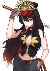 Rule 34 | 1girl, alternate costume, black hair, black panties, breasts, blowing bubbles, cleavage, cleavage cutout, clothing cutout, denim, fate (series), gloves, hand in pocket, hat, holding, holding sword, holding weapon, jeans, k jin, katana, koha-ace, long hair, looking at viewer, oda nobunaga (fate), oda nobunaga (koha-ace), panties, pants, red eyes, simple background, sleeveless, solo, sword, underwear, weapon, white background, white gloves