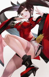 Rule 34 | 1girl, bare legs, bare shoulders, blazpu, breasts, brown eyes, brown hair, china dress, chinese clothes, commentary, detached sleeves, dress, english commentary, guilty gear, guilty gear xrd, hair ornament, hairclip, high heels, highres, kuradoberi jam, long hair, medium breasts, open mouth, simple background, skin tight, skirt, solo, thick thighs, thigh strap, thighs, white background, wide sleeves