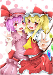 Rule 34 | 2girls, :d, ascot, backlighting, blonde hair, blush, cheek-to-cheek, fang, flandre scarlet, frilled skirt, frills, hat, hat ribbon, heads together, light purple hair, looking at viewer, makoto5391, mob cap, multiple girls, no wings, open mouth, polka dot, polka dot background, puffy short sleeves, puffy sleeves, red eyes, remilia scarlet, ribbon, short hair, short sleeves, siblings, side ponytail, simple background, sisters, skirt, skirt set, smile, touhou, w, wings