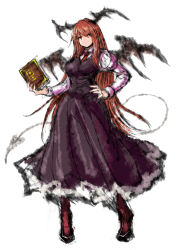 Rule 34 | 1girl, 2b-ge, bat wings, book, breasts, demon girl, demon tail, demon wings, head wings, highres, hong meiling, koakuma, library, long hair, medium breasts, red hair, simple background, solo, tail, touhou, very long hair, voile, white background, wings