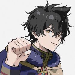 Rule 34 | 1boy, black clover, black hair, brakuro oji, capelet, clenched hand, closed mouth, commentary, fur-trimmed capelet, fur trim, hair between eyes, highres, light smile, looking at viewer, male focus, raised fist, short hair, simple background, solo, symbol-only commentary, white background, yellow capelet, yellow eyes, yuno (black clover)