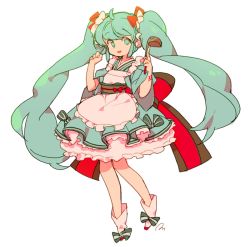 Rule 34 | 1girl, :d, ahoge, anpolly, apron, aqua eyes, aqua hair, boots, dress, full body, hatsune miku, ladle, lolita fashion, long hair, looking at viewer, open mouth, sash, signature, simple background, smile, solo, twintails, very long hair, vocaloid, white background