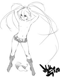 Rule 34 | 10s, 1girl, bikini, bikini top only, unworn bikini top, black rock shooter, black rock shooter (character), boots, eu03, flat chest, greyscale, hands in hair, knee boots, long hair, monochrome, navel, nipples, shorts, sketch, solo, swimsuit, topless, twintails, very long hair