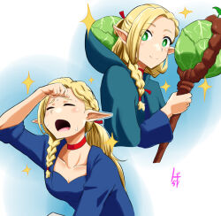 Rule 34 | 1girl, blonde hair, blue capelet, blue robe, braid, cabbage, capelet, closed mouth, dungeon meshi, elf, green eyes, highres, holding, holding staff, hood, hooded capelet, kurokuro222, long hair, marcille donato, multiple braids, multiple views, pointy ears, robe, smile, sparkle, staff, sweat