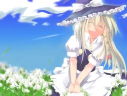 Rule 34 | 1girl, braid, dress, female focus, flower, gradient background, hat, kimino tomonari, kirisame marisa, nature, outdoors, plant, side braid, sky, smile, solo, touhou, witch, witch hat