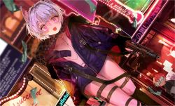 Rule 34 | 2girls, :d, animal ears, black panties, blue coat, blue hair, cat ears, choker, coat, dutch angle, earrings, english text, eyebrow piercing, fang, female focus, gun, hair intakes, highres, holding, holding gun, holding weapon, japanese text, jewelry, looking at viewer, multiple girls, open clothes, open coat, open mouth, original, panties, piercing, pink eyes, pubic tattoo, red hair, short hair, sign, silver hair, smile, storefront, tattoo, thigh strap, thighs, tokikosann, underwear, weapon