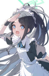 Rule 34 | 1girl, absurdres, aqua halo, aris (blue archive), aris (maid) (blue archive), bare shoulders, black hair, blue archive, blue eyes, chiyo akira, halo, hand up, highres, looking at viewer, maid, maid headdress, open mouth, ponytail, rectangular halo, simple background, smile, solo