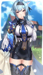 Rule 34 | 1girl, backlighting, black gloves, black hairband, black leotard, blue cape, blue hair, blue necktie, blue sky, blush, breasts, cape, covered navel, deras, eula (genshin impact), genshin impact, gloves, hair ornament, hairband, hand on own hip, highres, jewelry, large breasts, leotard, long sleeves, looking at viewer, medium hair, necktie, pendant, purple eyes, sidelocks, sky, solo, thighhighs, thighs, vision (genshin impact)