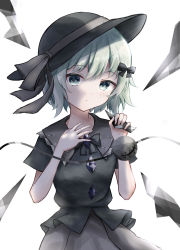 Rule 34 | 1girl, absurdres, bad id, bad pixiv id, black bow, black hat, black shirt, bow, closed mouth, cowboy shot, green eyes, green hair, hat, hat bow, hat ribbon, highres, hire (uret4788), ice, ice wings, komeiji koishi, looking at viewer, ribbon, shirt, short hair, short sleeves, simple background, solo, standing, third eye, touhou, white background, wings