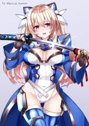 Rule 34 | 1girl, artist name, protagonist (pso2), black gloves, blonde hair, blue jacket, blue thighhighs, breasts, cleavage, commentary request, commission, covered navel, cowboy shot, cropped jacket, gloves, hair between eyes, headgear, highleg, highleg leotard, highres, holding, holding sheath, holding sword, holding weapon, jacket, katana, large breasts, leotard, long hair, long sleeves, looking at viewer, numako (pizza kanon), open mouth, original, phantasy star, phantasy star online 2, red eyes, second-party source, sheath, shrug (clothing), sidelocks, simple background, skeb commission, solo, sword, teeth, thighhighs, twitter username, unsheathing, upper teeth only, valgiris, waist cape, weapon, white background, white leotard, wide sleeves, yoake