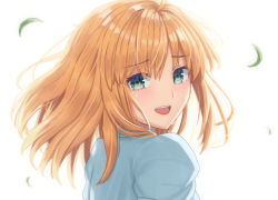 Rule 34 | 1girl, ahoge, artoria pendragon (all), artoria pendragon (fate), backlighting, blonde hair, blue shirt, fate/stay night, fate (series), green eyes, hair between eyes, kazama (akki12), leaf, looking at viewer, looking back, medium hair, official alternate costume, open mouth, parted bangs, saber (fate), shirt, simple background, solo, teeth, upper body, upper teeth only, white background