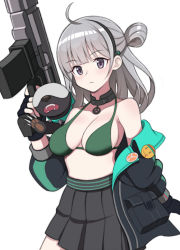 Rule 34 | 1girl, aac honey badger, advanced armament corporation, ahoge, animal, animal on shoulder, assault rifle, badge, bare shoulders, bikini, bikini top only, bikini under clothes, black gloves, black jacket, black skirt, breasts, button badge, carbine, choker, cleavage, commentary request, commission, cowboy shot, fingerless gloves, girls&#039; frontline, gloves, green bikini, grey hair, gun, hair bun, hairband, highres, holding, holding gun, holding weapon, honey badger, honey badger (girls&#039; frontline), integrally-suppressed firearm, jacket, jjuwaap, korean commentary, large breasts, long hair, looking at viewer, off shoulder, personal defense weapon, pixiv commission, pleated skirt, purple eyes, q (firearms company), rifle, simple background, single hair bun, skirt, solo, submachine gun, swimsuit, weapon, white background