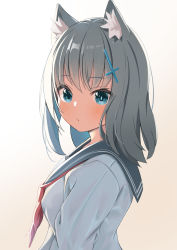 Rule 34 | 1girl, absurdres, animal ear fluff, animal ears, black sailor collar, blue archive, blue eyes, blush, breasts, brown background, cat ears, closed mouth, commentary, from side, gradient background, grey hair, hair ornament, highres, long hair, looking at viewer, looking to the side, neckerchief, red neckerchief, rindou ringdong, sailor collar, school uniform, serafuku, shiroko (blue archive), shirt, small breasts, solo, upper body, white background, white shirt